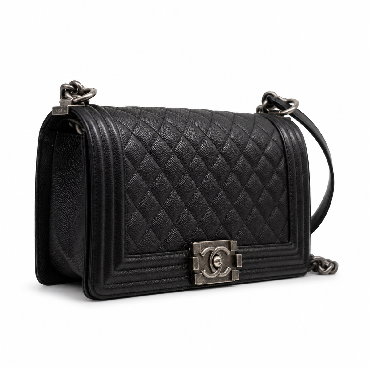 Chanel Boy Old Medium in black caviar – ruthenium hardware — 4