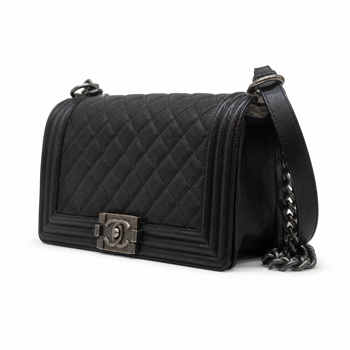Chanel Boy Old Medium in black caviar – ruthenium hardware — 5
