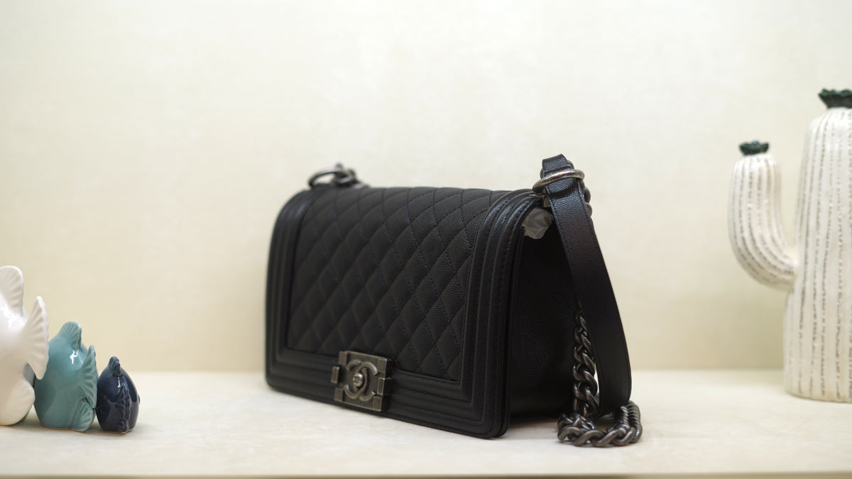 CHANEL Boy Old Medium Black Caviar Leather Bag – Ruthenium Hardware — 4