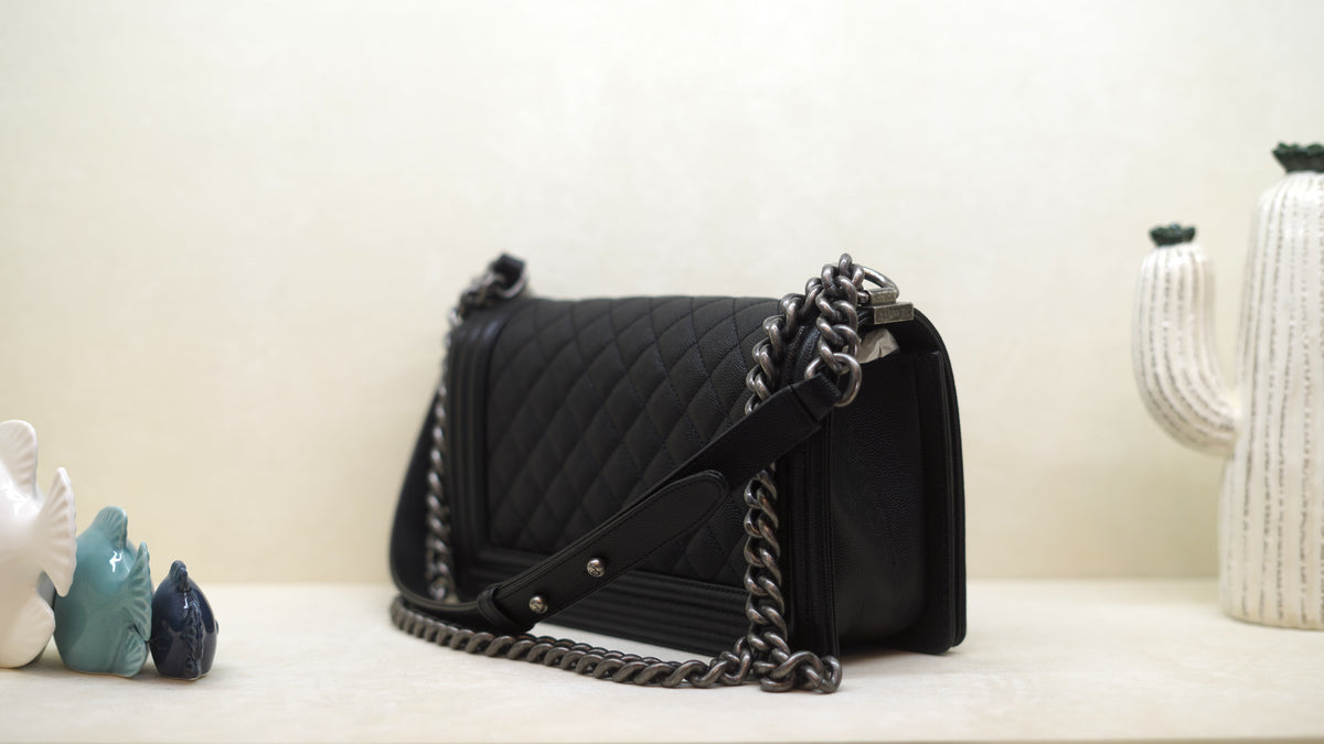 CHANEL Boy Old Medium Black Caviar Leather Bag – Ruthenium Hardware — 6