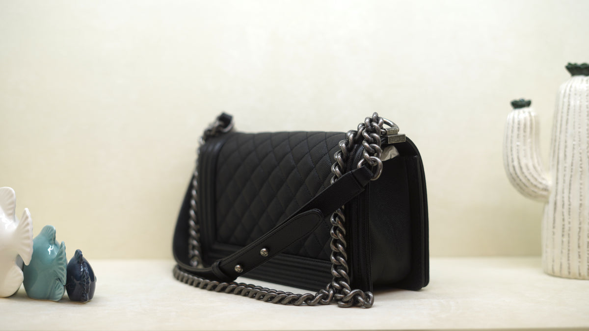 CHANEL Boy Old Medium Black Caviar Leather Bag – Ruthenium Hardware — 7