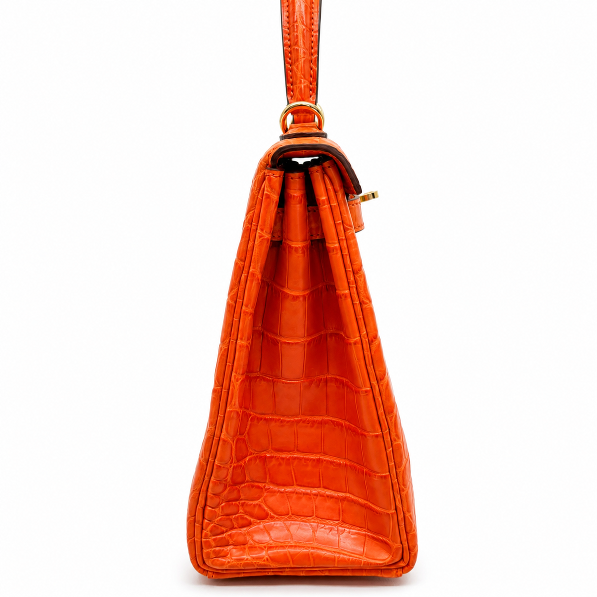 Hermès Kelly 25 Retourne Coccodrillo Niloticus Orange — Oro, Full Set — 2