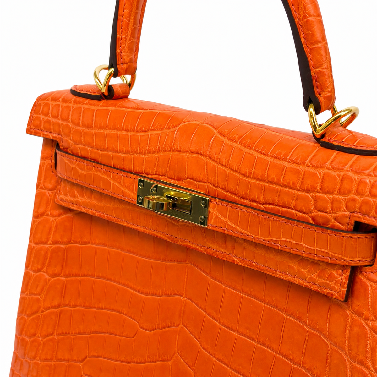 Hermès Kelly 25 Retourne Coccodrillo Niloticus Orange — Oro, Full Set — 3