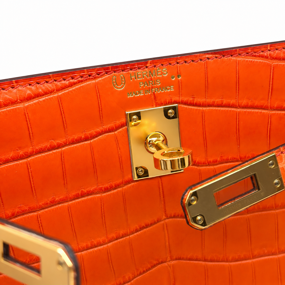 Hermès Kelly 25 Retourne Coccodrillo Niloticus Orange — Oro, Full Set — 7