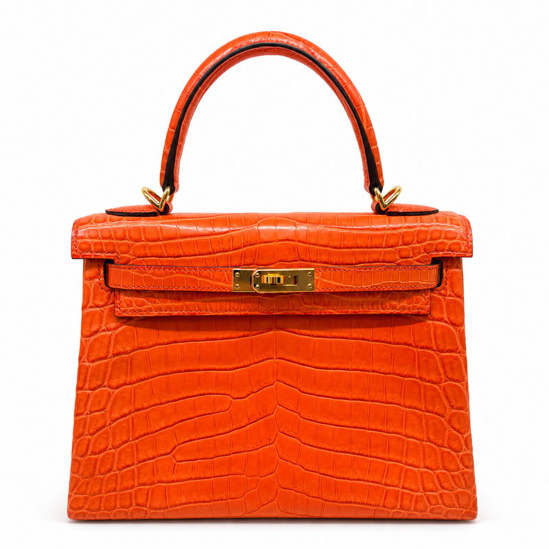 Hermès Kelly 25 Retourne Coccodrillo Niloticus Orange — Oro, Full Set
