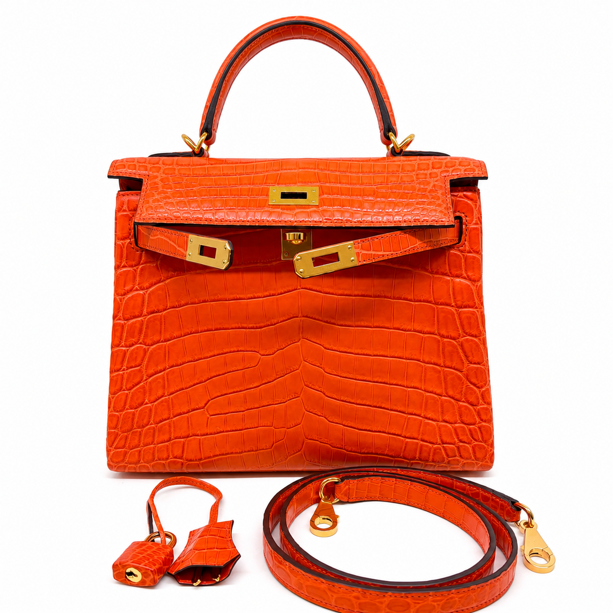 Hermès Kelly 25 Retourne Coccodrillo Niloticus Orange — Oro, Full Set — 9